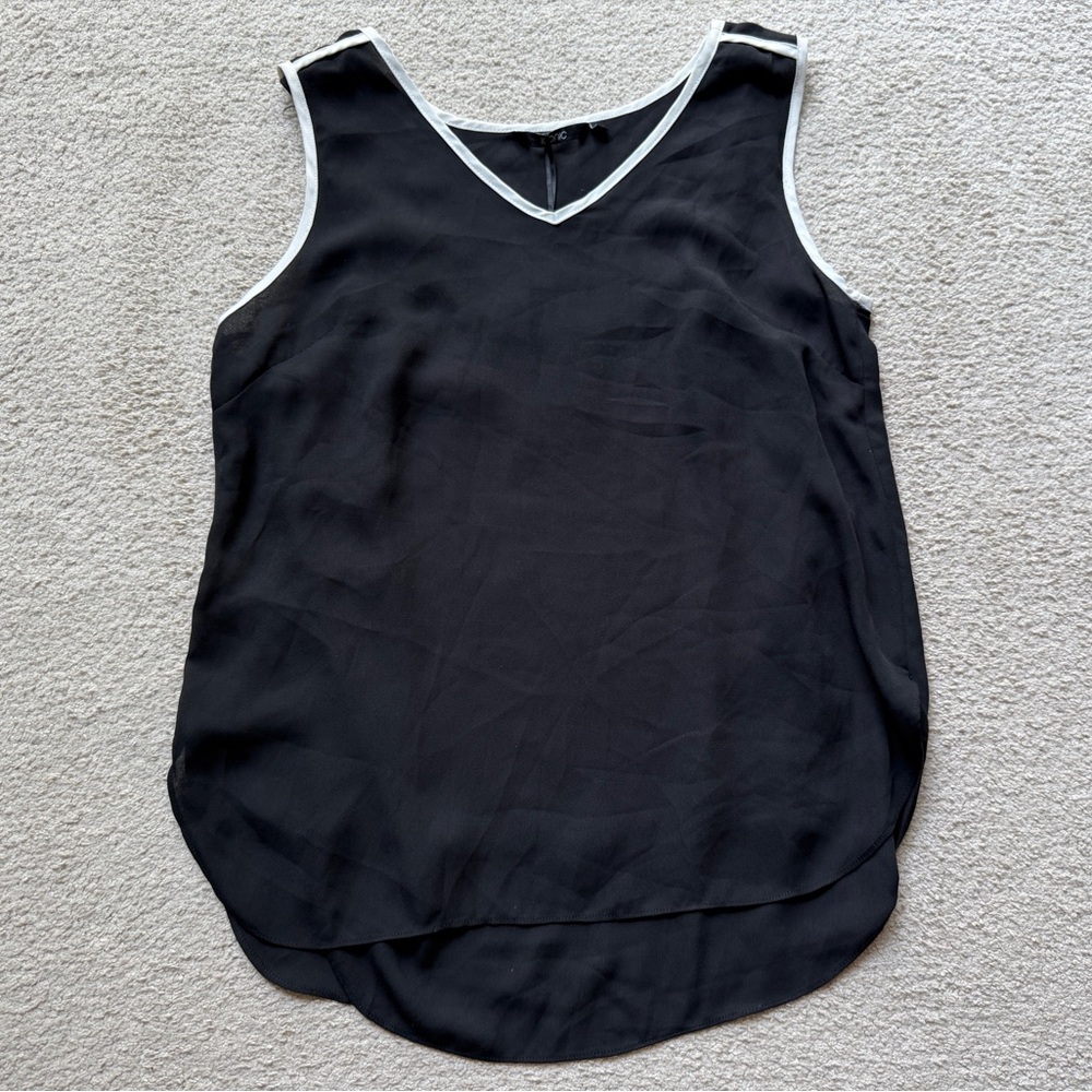 Iconic Black White Trim Sleeveless Tank Top V Neck Double Layer Blouse Tee Shirt